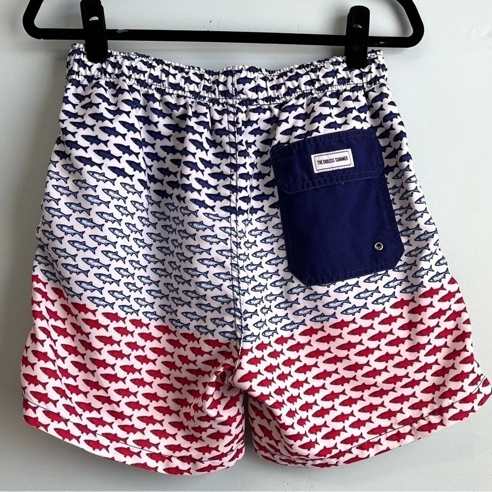 The Endless Summer red white & blue shark print swim shorts-M